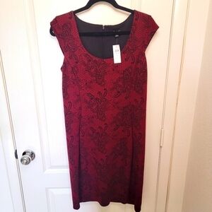 Ann Taylor Paisley Knit Jacquard Cap Sleeve Sheath Dress Maroon Black - Size 8